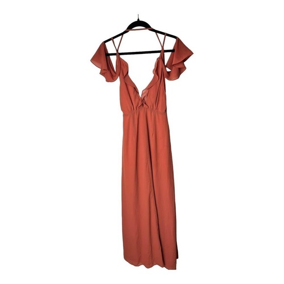 TOBI Off the Shoulder Deep V Neck Maxi Wrap Dress in with Slit Burnt Orange - Picture 4 of 7